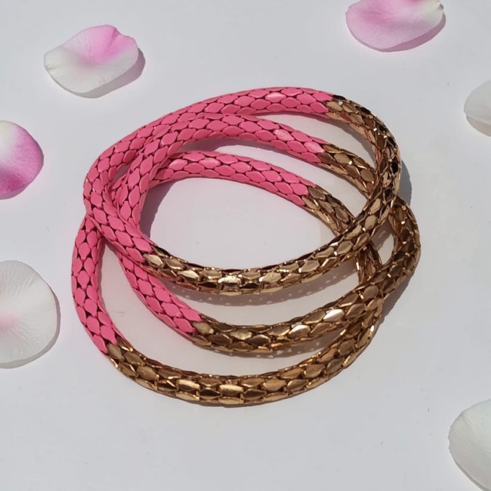 New Pink and Gold Braided Bangle Set - Women's Fashion Jewelry